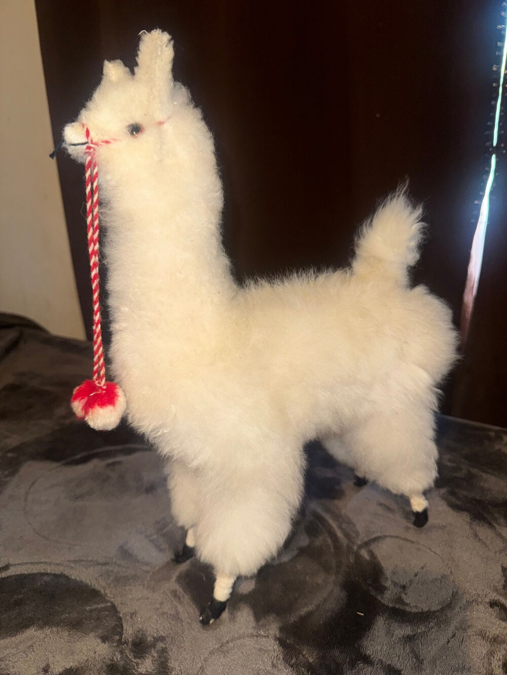 White Plush Llama with Red and White Pom-Pom String Stuffed Animal Toy